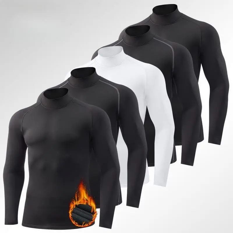 5 Pack Men's Thermal Mock Turtle Neck Shirts, Long Sleeve Compression Fleece Lined Base Layer Undershirts