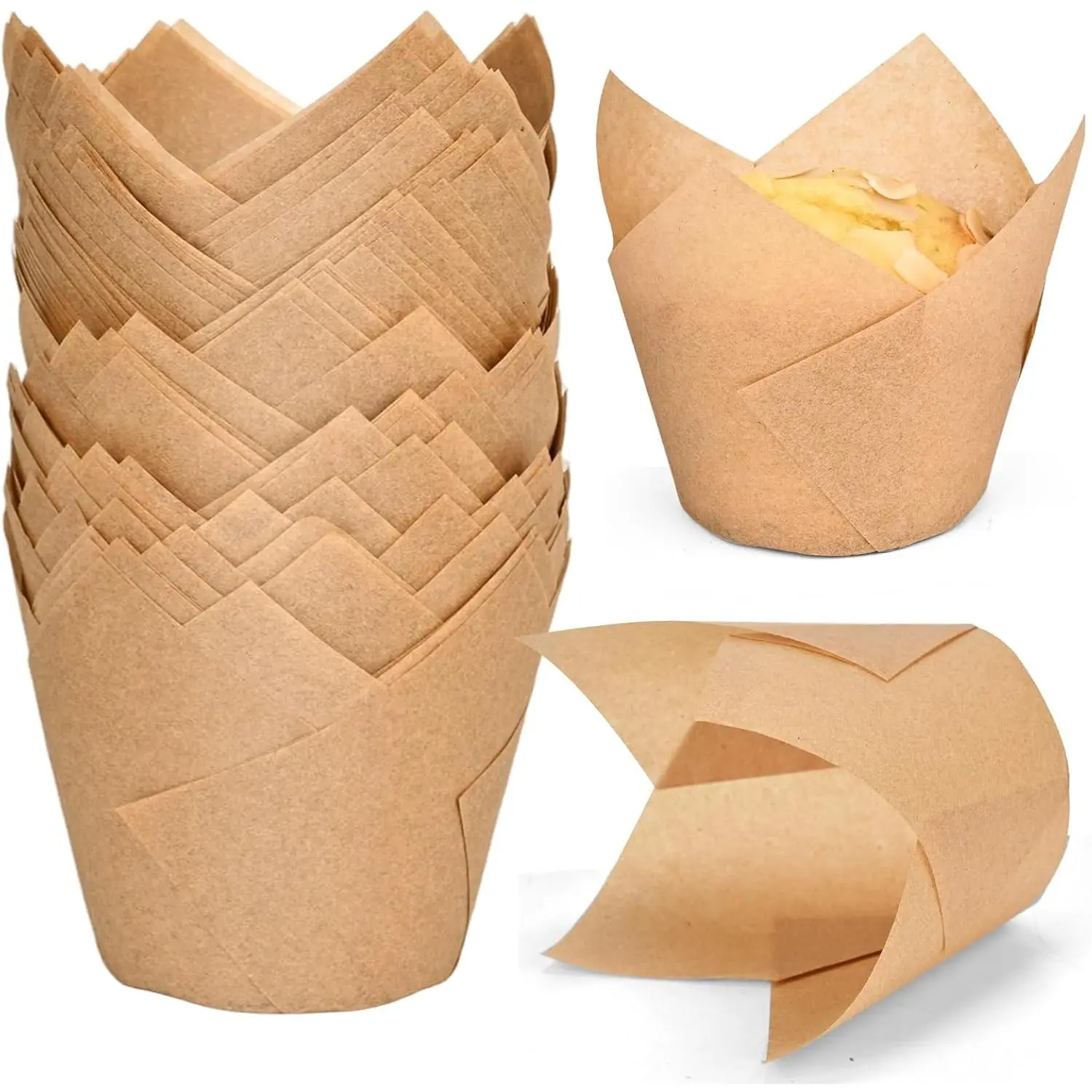Natural Food-Grade Parchment Paper Cake Cups - 100pcs Extra Large Oven-Safe Greaseproof Tulip Muffin Holders, Oven Bakeware for Pet Party, Wedding Baking