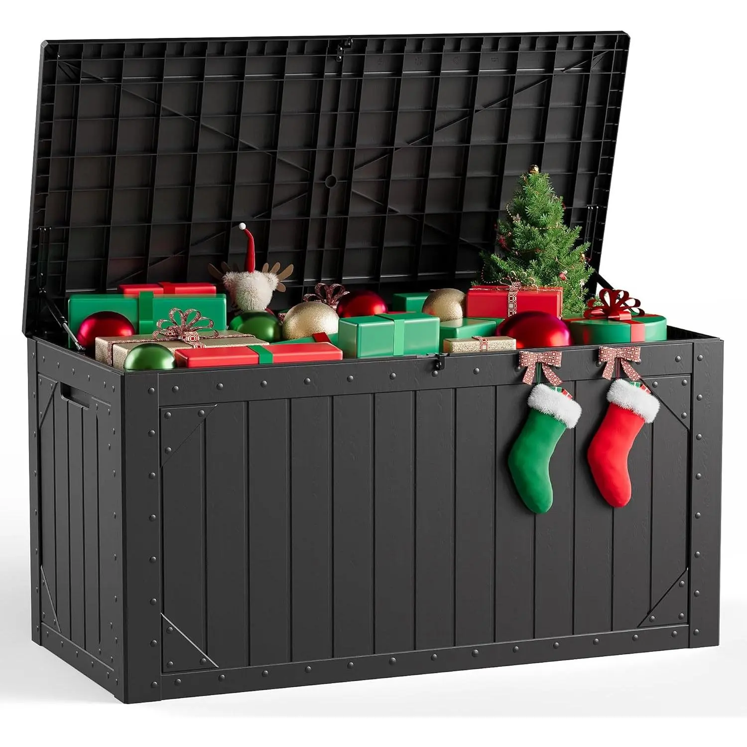 Outdoor Storage Box, 98 Gallon Deck Box, Waterproof Resin Storage Bench with Lockable Lid, UV Resistant (Black)