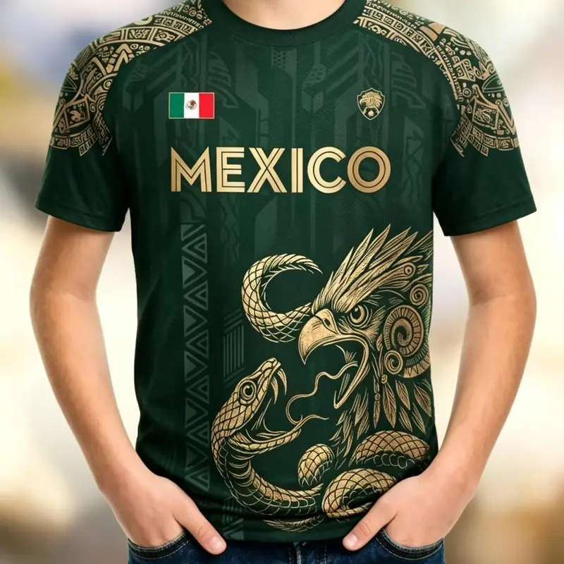 Boys' Mexican Flag Print Short Sleeve Soccer Jersey, Casual Breathable T-Shirt, Aztec-Inspired Pattern Training Tee, Sports Tees, Fan Gift, Mexico Soccer Shirt