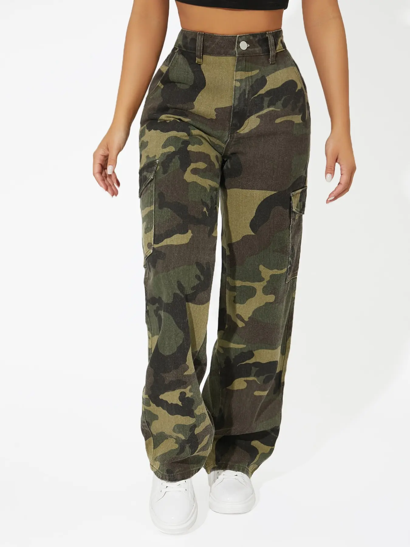 Military Camo Workwear Jeans, High-Waisted Wide-Leg Denim, Fashion Street Style, Streetwear, Neutral and Cool, Skateboard Functional, Petite Size, Camouflage