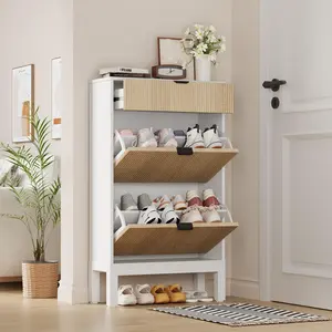 Garvee shoe cabinet with 2 flip drawers, ribbed shoe organizer with metal legs, freestanding, hidden, slim shoe rack for entrance area, foyer, hallway, white + oak