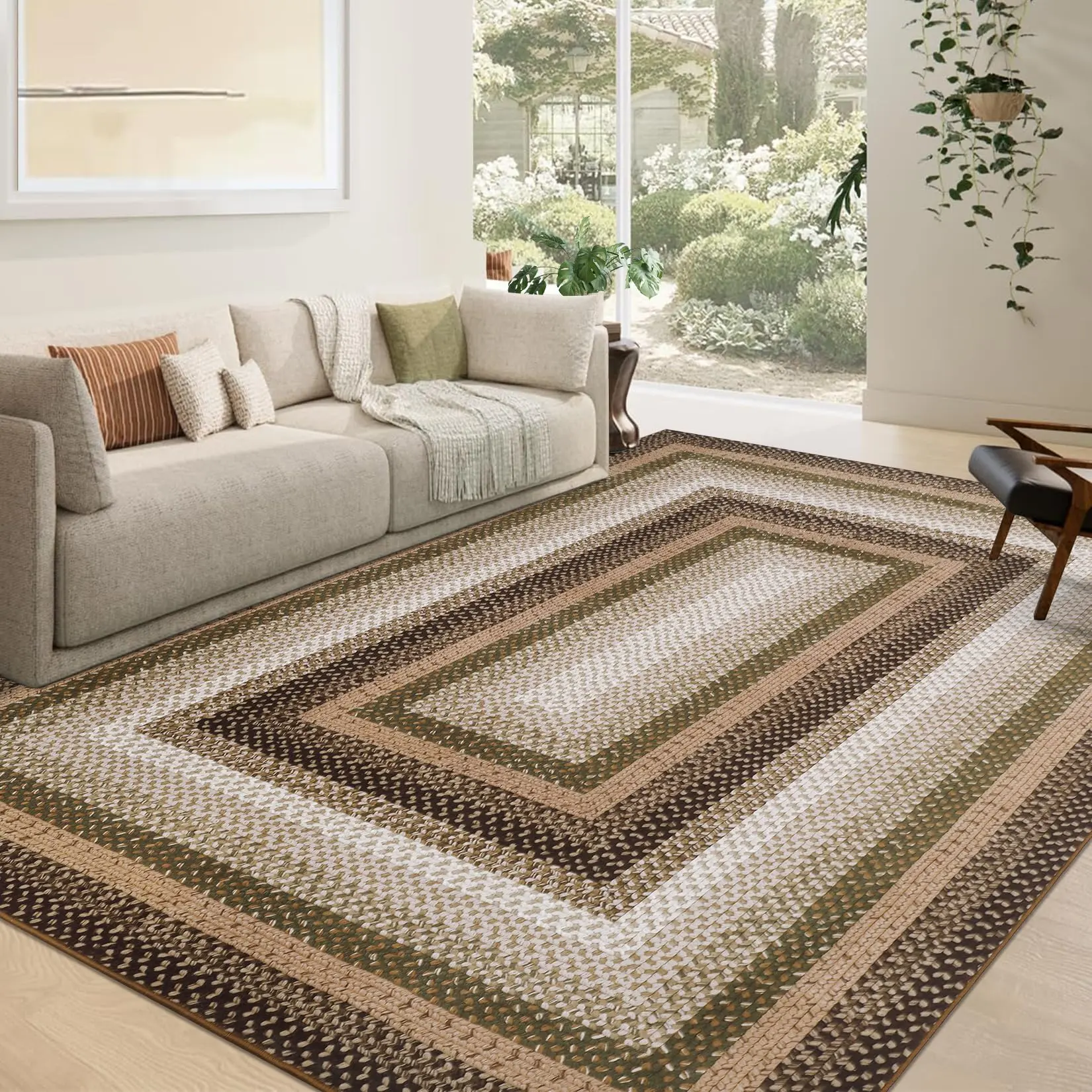 5x7 Washable Area Rug, Textured Brocade Style Pearl Velvet Carpet with TPR Non Slip Backing, Foldable Rug for Bedroom Living Room, Brown Green