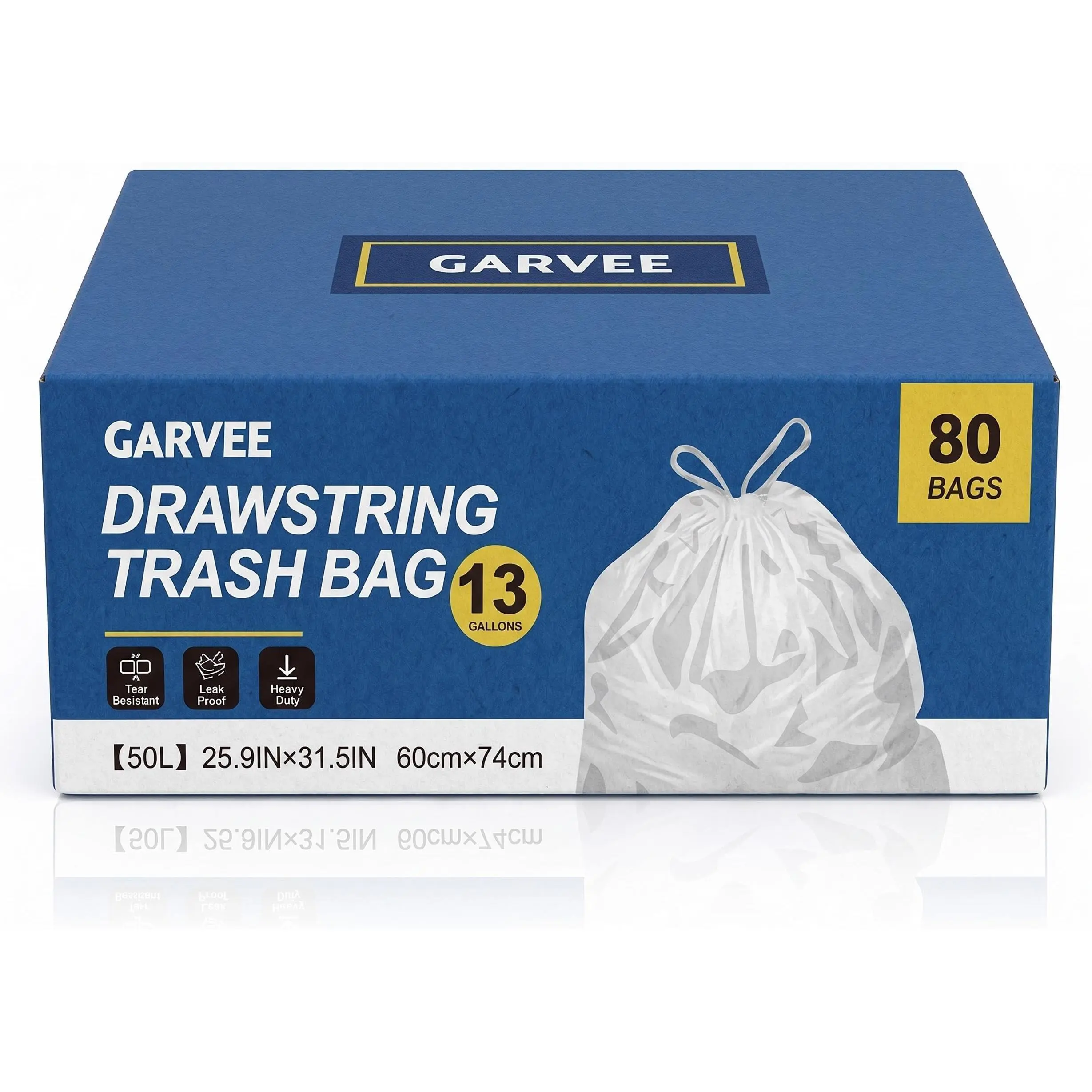 13 Gal (50L) Tall Kitchen Trash Bags, Heavy Duty HDPE Garbage Bags, Drawstring Closure, Puncture & Leak Resistant, Unscented, 80 Count (2 Rolls), 26x29 in, Gray-White Household Pack