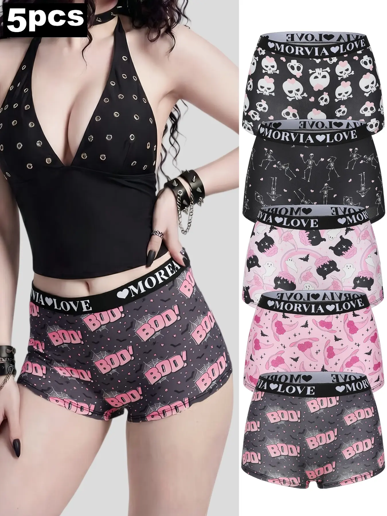 5-Pack Pastel Gothic Halloween Women Boxer Shorts Flat Leg, Casual, Soft Stretch Slim Fit Boyshort Underwear with MORVIA LOVE Heart Printed Waistband, Mixed Pink Skull, Dancing Skeleton & Cute Ghost Spooky Pattern Lounge Panties for Alt Coquette Girls