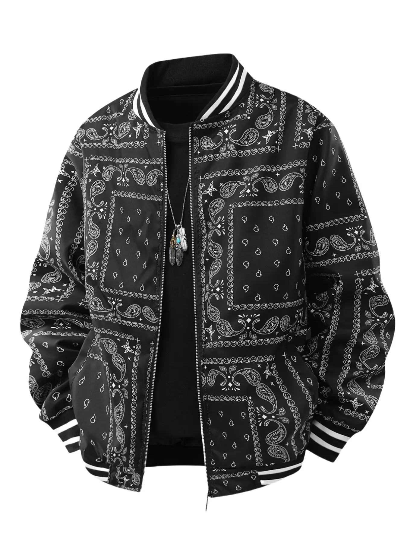 Men's Paisley Print Baseball Jacket, Striped Ribbed Neck Full Zip Peplum Headscarf Print Pilot Jacket, Autumn Loose Streetwear Fashion Coat
