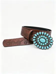 Vintage Turquoise Decor Western Belt, Boho Style Floral Pattern Waistband, PU Leather Belt for Women, Fashionable Clothes Accessories for Daily & Party Decoration