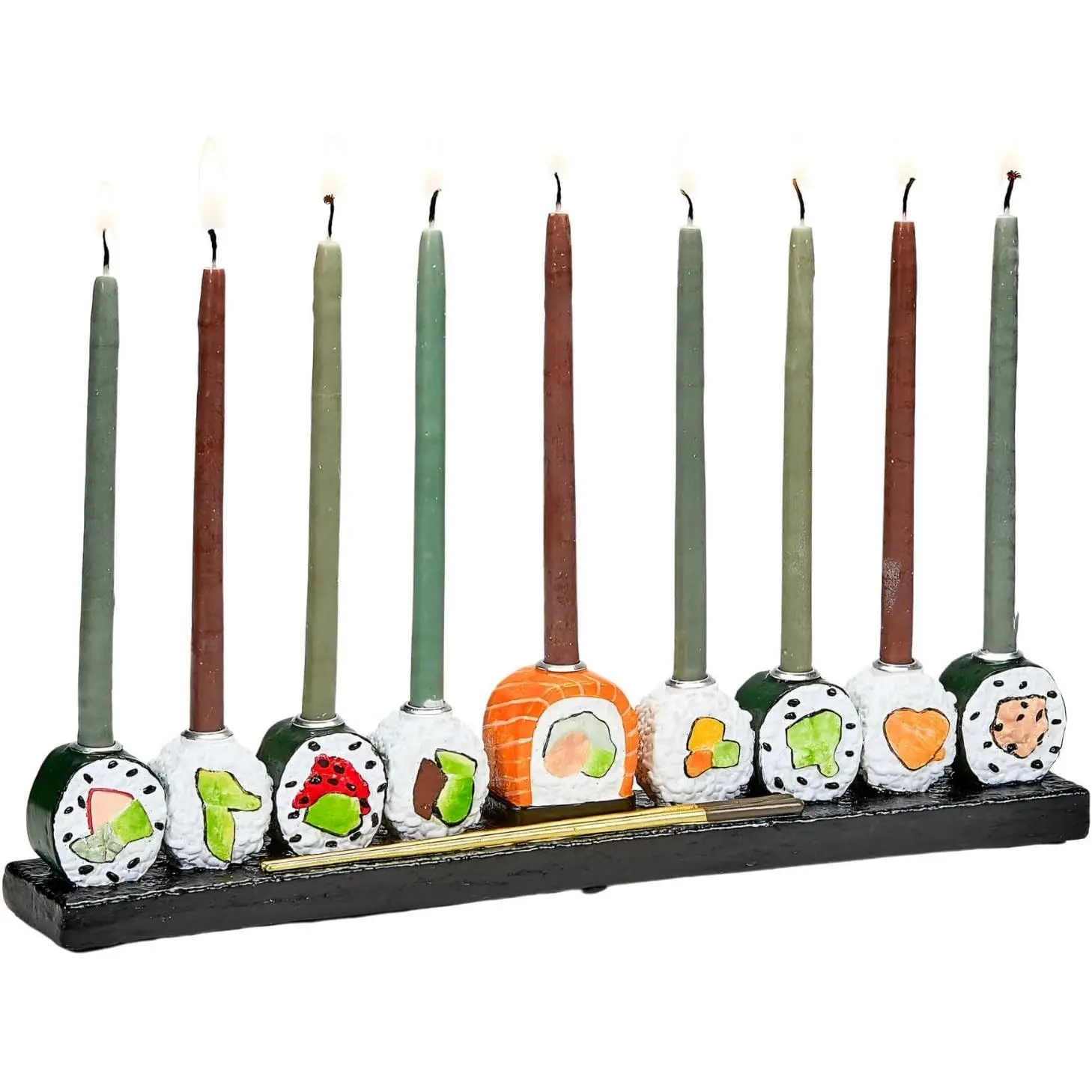 Sushi Menorah | Funny Hanukkah Gifts Whimsical Hand Painted Realistic Menorah! Novelty Jewish Holiday Party Favors Candle Holder Festival of Lights Jewish & Japanese Gifts 12" L