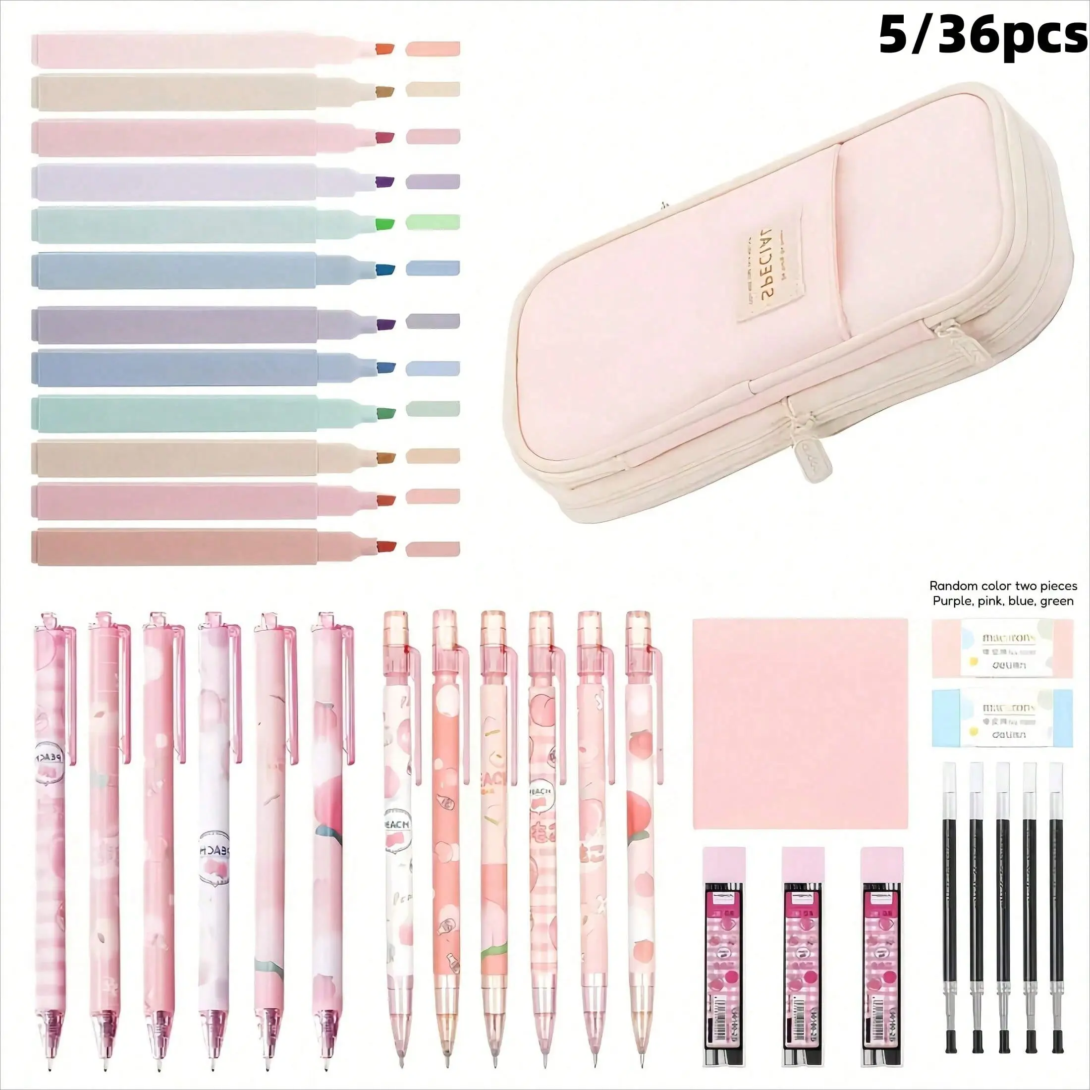 36Pcs Cute School Supplies with Cute Pen Case,Highlighters, Black Ink Gel Pens, 0.5mm Kawaii Mechanical Pencils Set for Students Stationary College Essentials.Christmas gift.back to school.