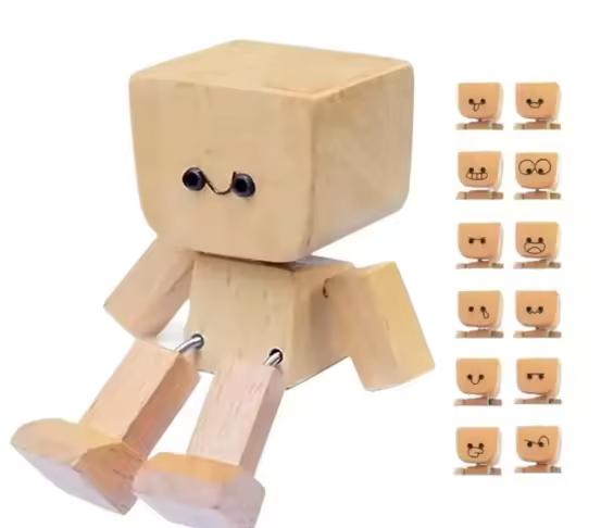 12-Piece Wooden Expression Figurine Set  DIY Leg-Shaking Desk & Car Ornaments  Natural Mini Decorations for Office & Home  Creative Birthday Gift & Art Collectible Kit with Tool & Carbon Brush