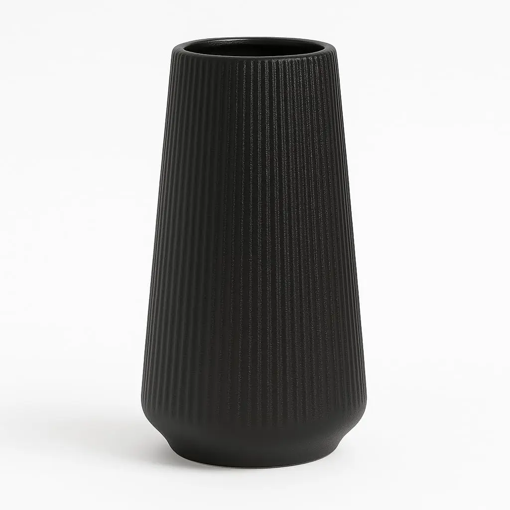 Black Ceramic Vase, 8 Inch Flower Vase for Pampas Grass, Modern Minimalist Ribbed Decorative Vase for Living Room Table, Shelf Decor