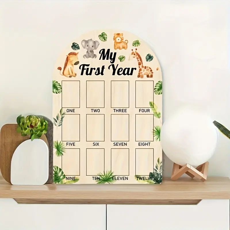 Wooden Arch Baby Growth Memory Board, Monthly Photo Frame for Infant Development, First Birthday Gift Idea, Nature Animal Theme