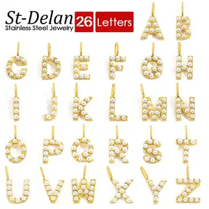 10mm Stainless Steel 26 Alphabet Initial Pendant 14K Gold Plated Imitation Pearl A-Z Capital Letter Charms for Necklace Making