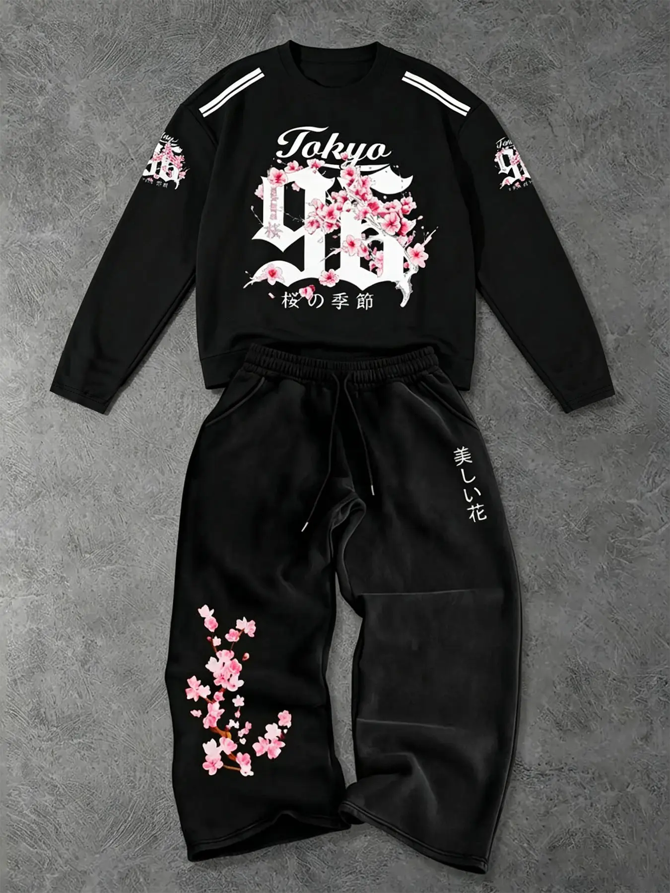 Japanese Cherry Blossom Print Round Neck Long Sleeve Set, Loose Fit Wide Leg Pants Two Piece, Casual Streetwear Vintage Sportswear, Streetwear Tracksuit Set