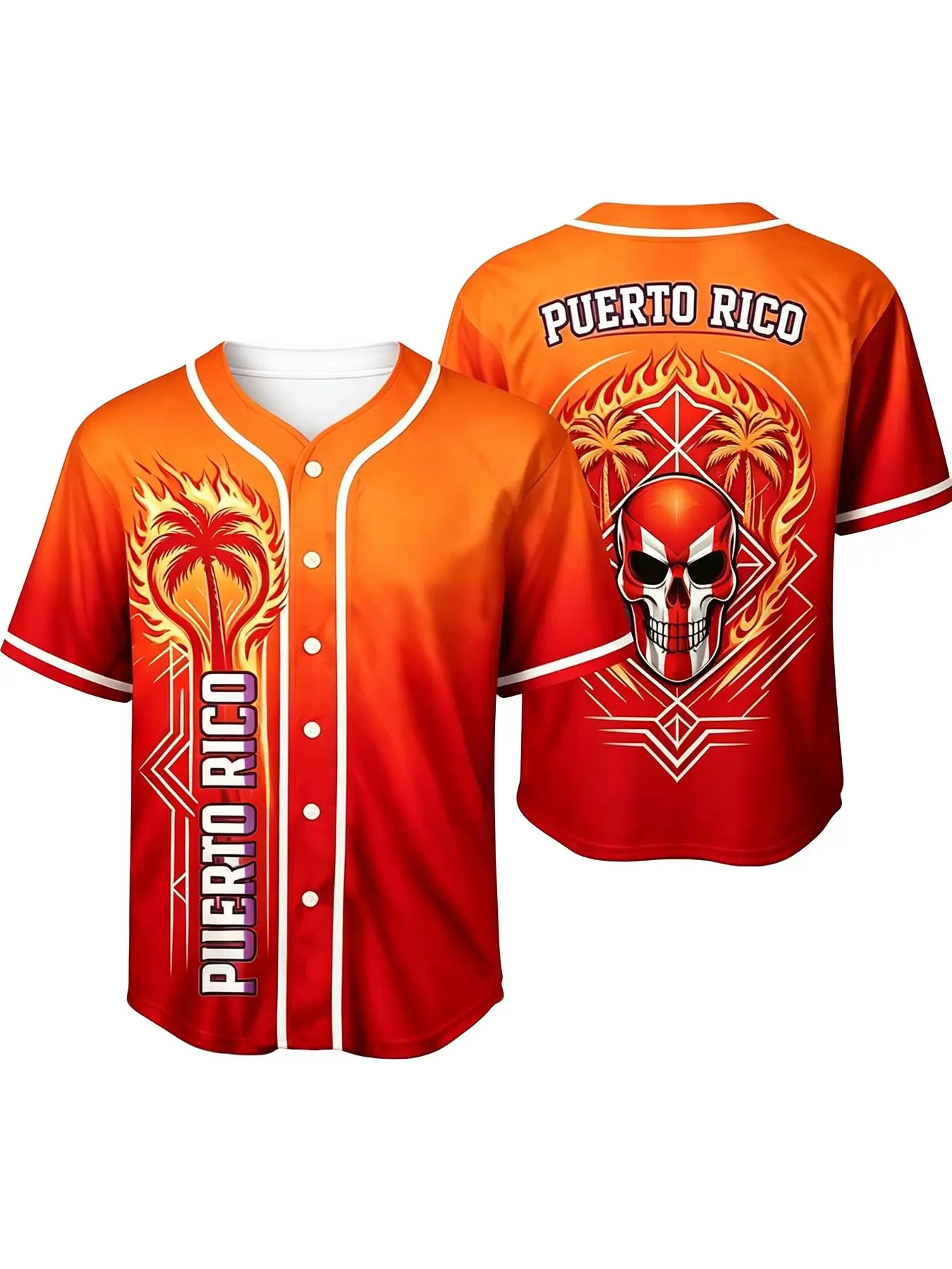 Puerto Rican short-sleeved baseball jacket in red-orange gradient, loose-fitting unisex casual sportswear., Ideal for Baseball Games and Everyday Wear，Unisex (Recommended ordering one size up),Tiktok shop deals today，Baseball Jacket for men