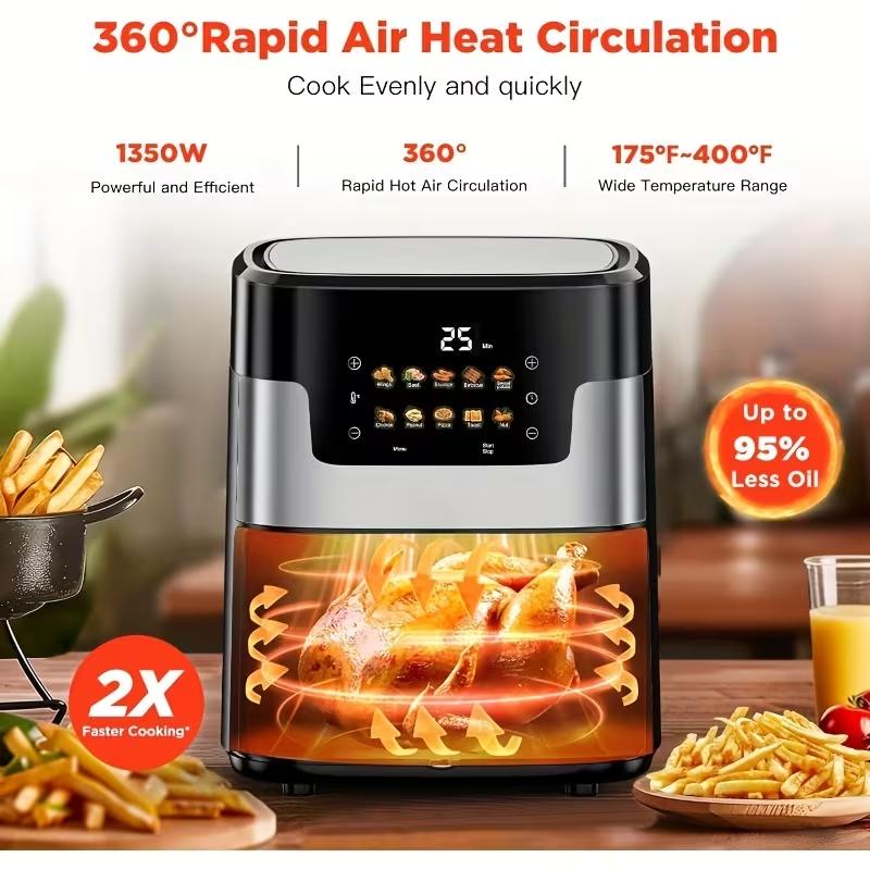 [10-in-1 Air Fryer] 10-in-1 Digital LED Touch Screen Air Fryer, 7.5QT stainless steel material Oilless Cooker with 10 Preset Cookings, Dishwasher-Safe Basket & 20pcs Air Fryer Paper Liners