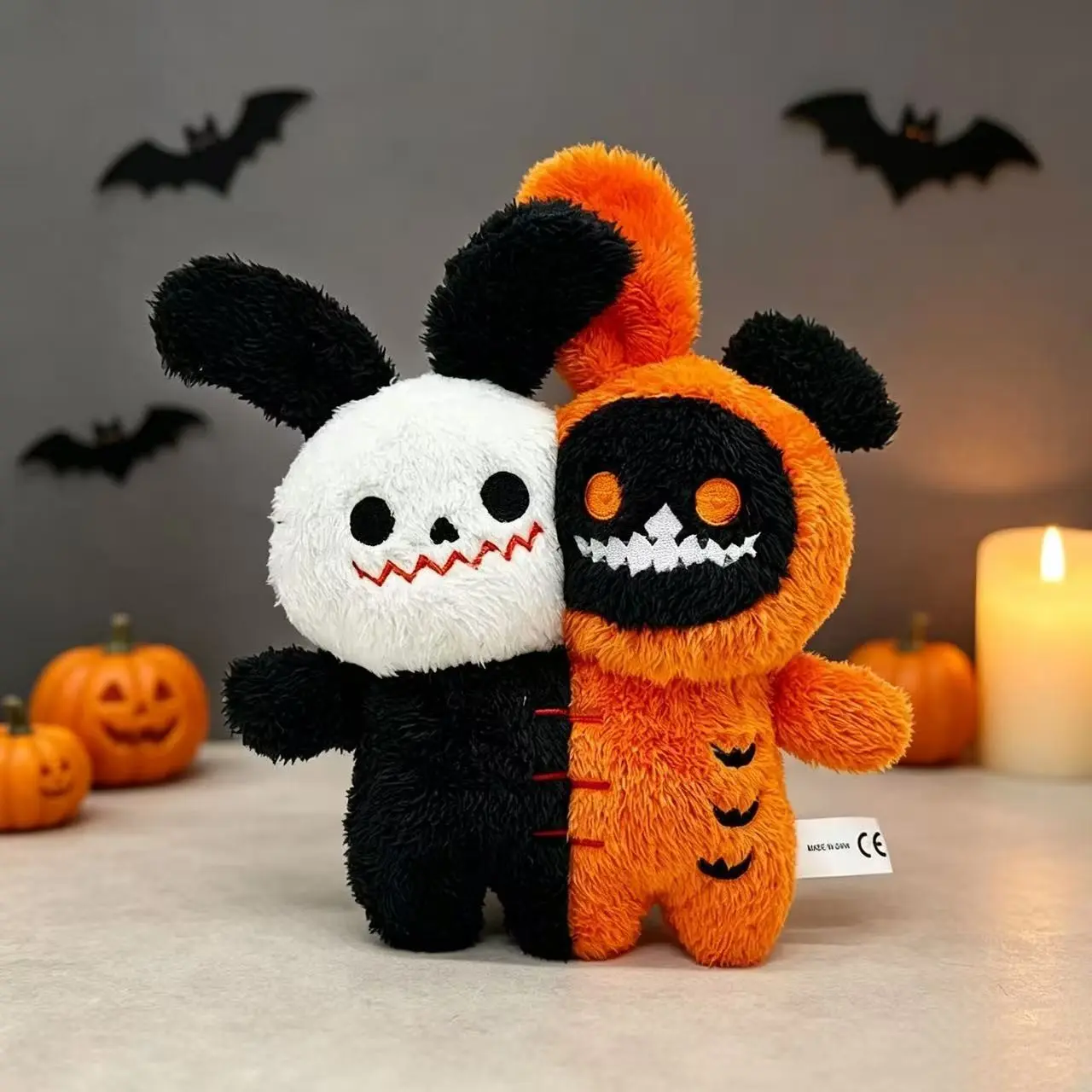 Gothic Spooky-Cute Split-Face Bunny Plush Toy, & Two-Sided Stitched Rabbit, Halloween Ornament, Fall Party Decor, Teen Birthday Gift