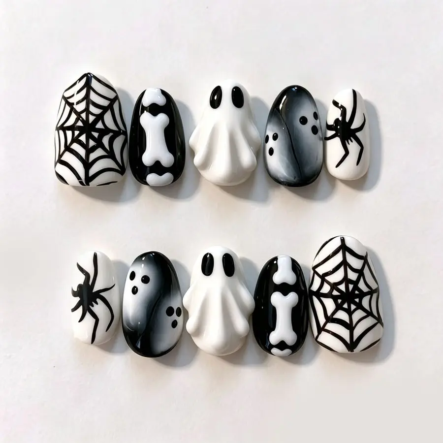 10 Pcs Halloween 3D Short Almond French Nail Art, Cute Spider Web Ghost Design, Cross-Border Manicure, Available Now