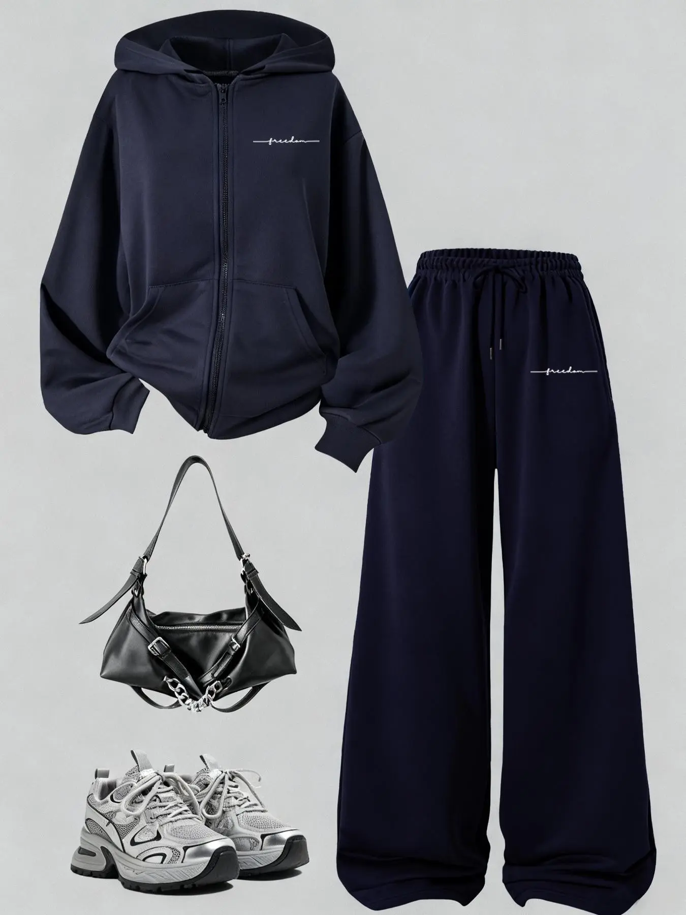 Women 2 Piece Tracksuit Set, Simple Letter Print Zip Up Hoodie, Wide Leg Sweatpants, Loose Hooded Jacket, Ideal for Spring and Autumn