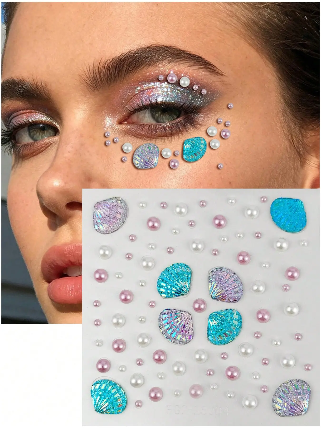 Mermaid Shell Design Face Gems Stickers, Self-Adhesive Pearl Rhinestone Jewels, Holographic Shimmer Makeup for Eyes, Forehead, Rave, Party, Concert, Festival
