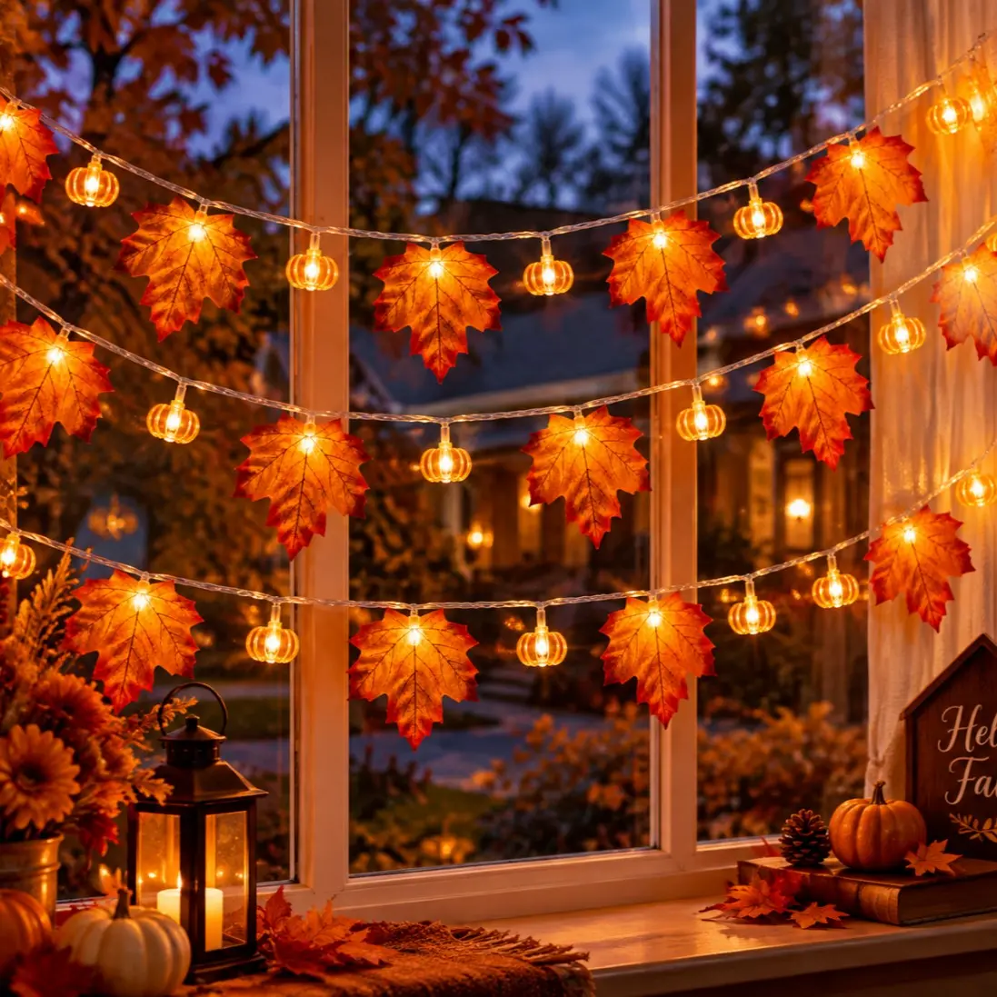 Halloween Pumpkin Maple Leaf String Lights, Decorative Lights, Warm White LED Fall Garland Lights, Thanksgiving Autumn Home Decor for Fireplace Mantel, Front Door, Window, Bedroom & Holiday Party, Battery Operated (Battery Not Included)