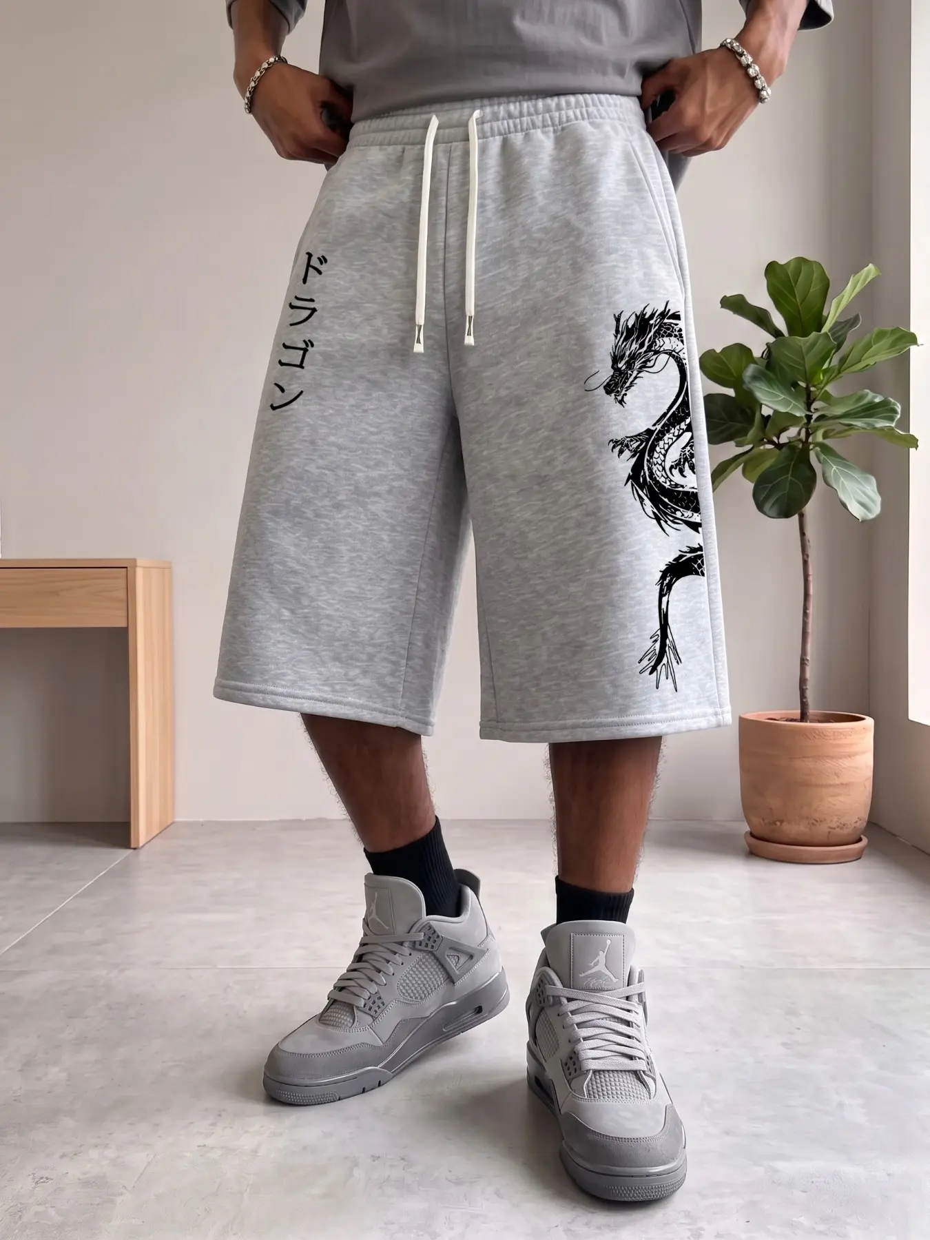 Soft Polyester Men Elastic Drawstring Gaucho Pants, Casual Comfy Pants, Vertical Japanese Text & Side Ink Dragon Graphic Print Loose Wide Leg Capri, Royal Ascot Outfit Bottoms With Side Pockets For Harajuku Street Y2K Summer Daily Home Workout