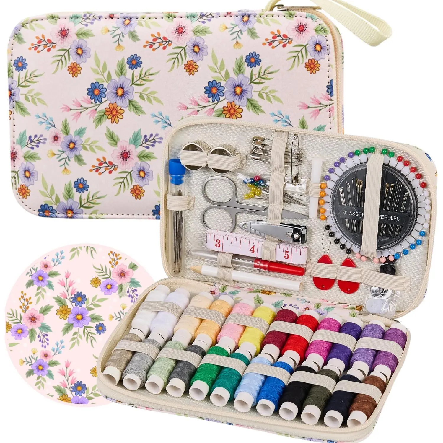 Cute Travel Sewing Kit for Adults,Beginners and  | Printing Floral Cottagecore Sewing Kit, Professional Sewing Supplies with 130 count Sewing Accessories