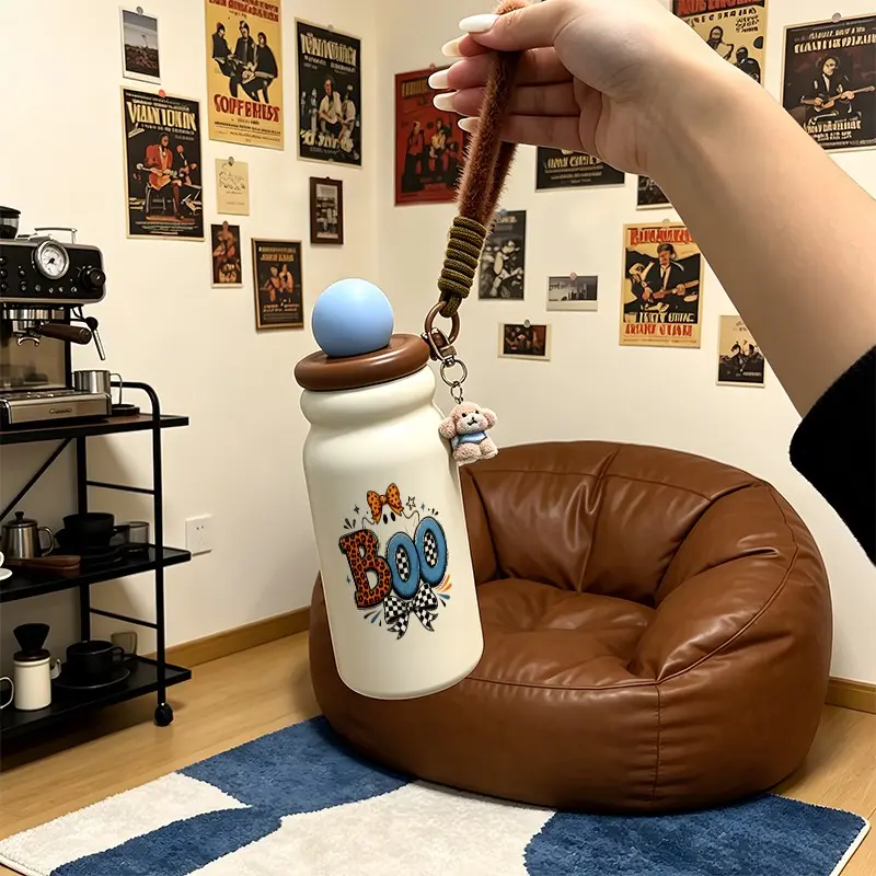 500ML Insulated Tumbler, Stainless Steel, Leak-Proof, Portable, with Plush Dog Strap and Straw, Perfect for Travel, Office, Holiday Gift