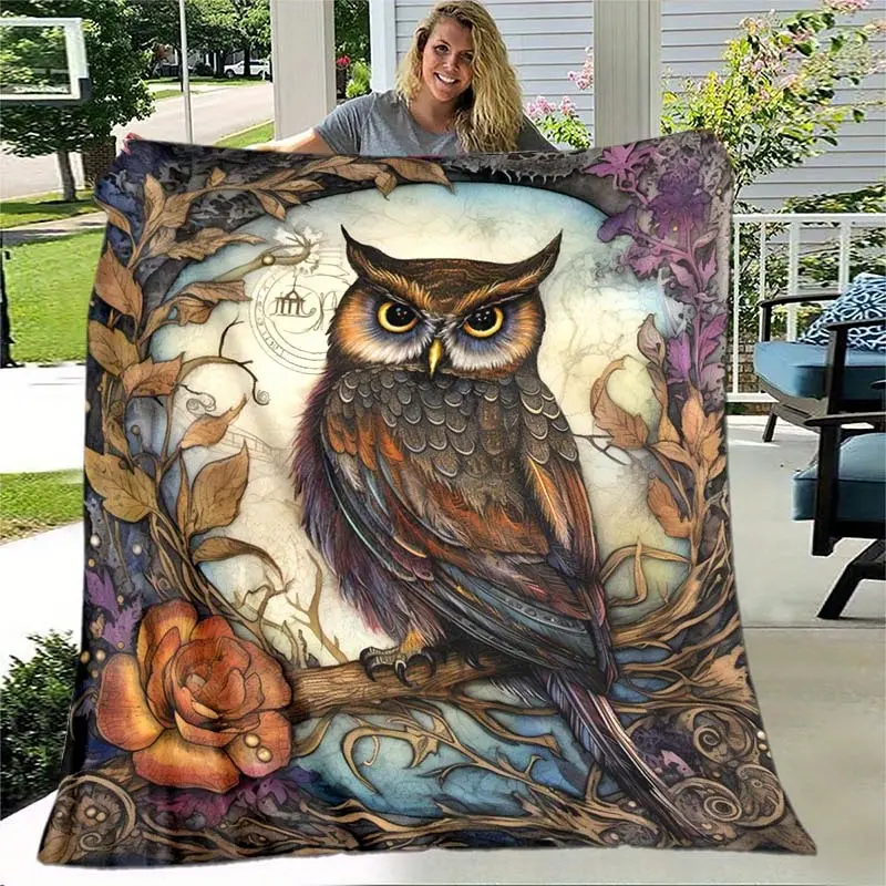Vintage Gothic Dark Floral Owl Flannel Throw Blanket - 100% Polyester Soft Fabric, Witchy Home Decor, Indoor/Outdoor Cozy Warm Essential, Mystical Gift for Witchcraft Enthusiasts, College Dorm Use