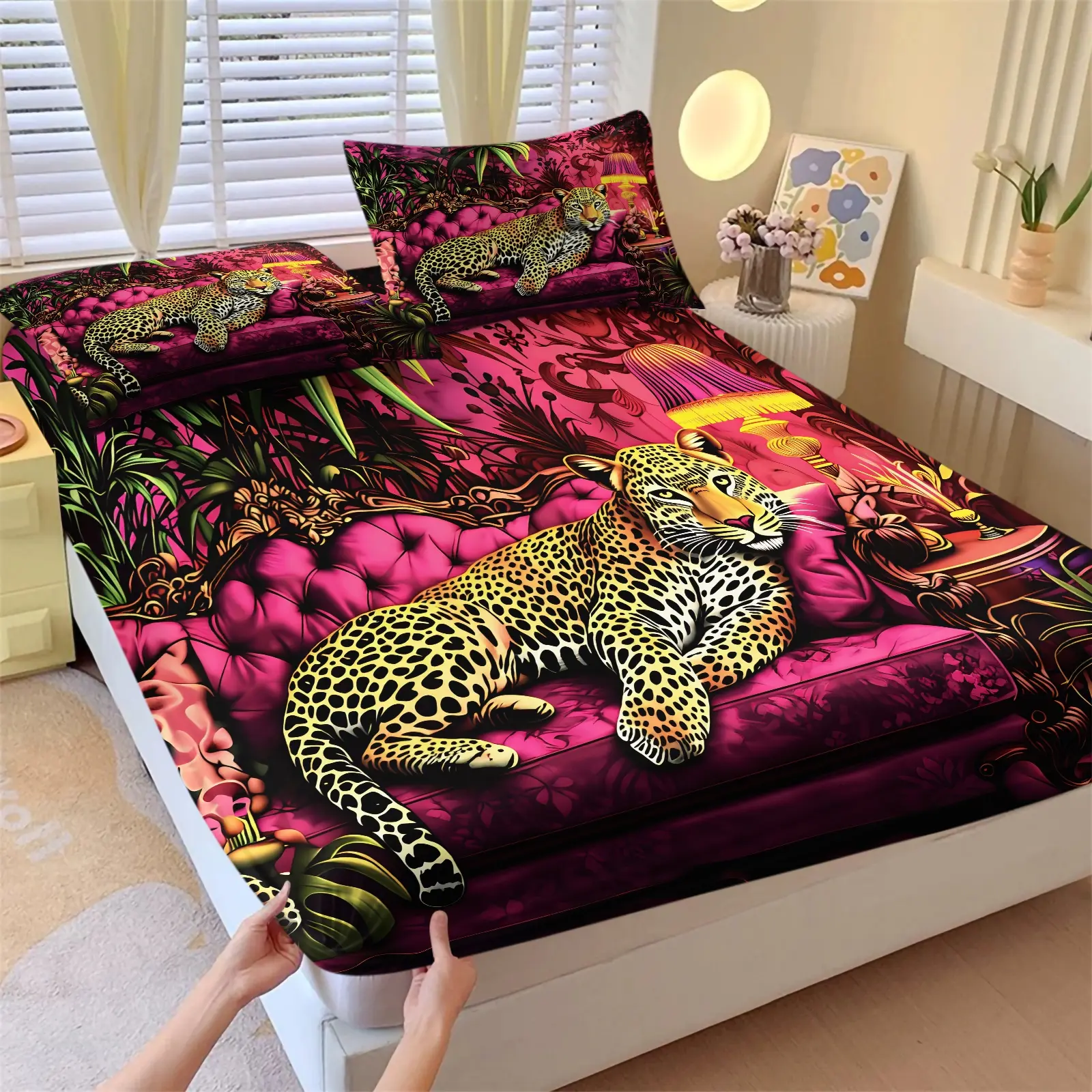 Vintage Pink Sofa Leopard Print Fitted Sheet Set 3 Piece with 2 Pillowcase, Tropical Jungle Animal Bedding All Size, Tropical Wildcat Print Cheetah Bed Set, Y2K Sweet Cool Style Anti-Wrinkle Bedroom Decor, Trend Home Gift