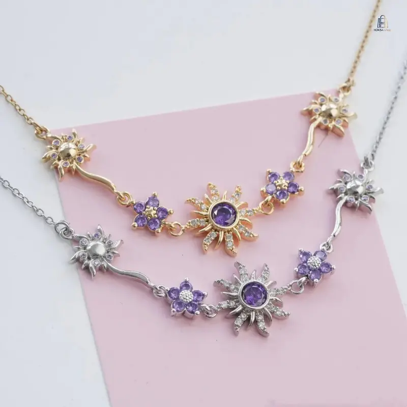 Purple Sunflower Copper Plated Necklace, Sweet Dainty Women Neck Jewelry, Unique Delicate Neck Ornament, Secure Inlaid Pendant Accessory, Stable Color Finish for Daily Outfit Party Gifts