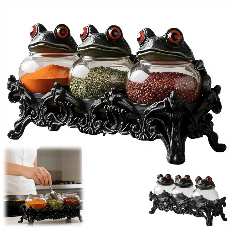Retro Witch Style Resin & Glass Spice Jars Set of 3 with Witch Frog Lids & Gothic Base, Handmade Gothic Kitchenware with Wooden Lids, Decorative Storage Bottles for Spice Tea & More, Creative Halloween Kitchen Decor Gift, Spice Storage Container