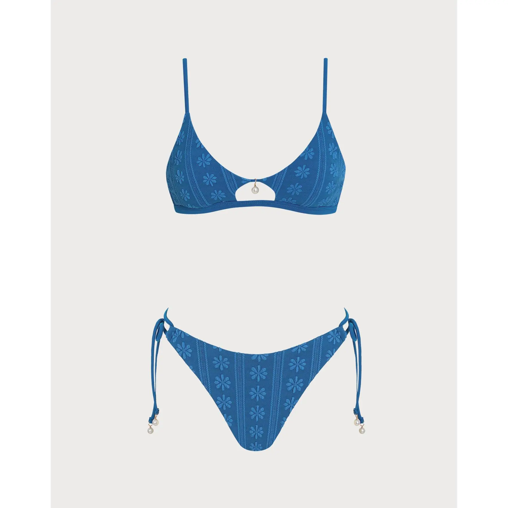 Blue U Neck Floral Textured Bikini Set Blue U Neck Floral Textured Bikini Set