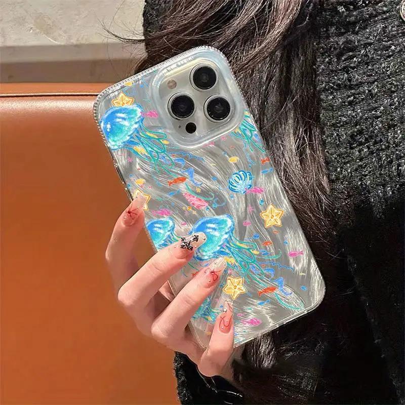 Vibrant Jellyfish Feather Cloth Phone Case for iPhone 17 16 15 14 13 12 11 Pro Max Plus & Samsung Galaxy S26 S25 S24 S23 S22 Ultra TPU PET Scratch-Resistant Shockproof Slim Fit Colorful Protection Cellphone Casing