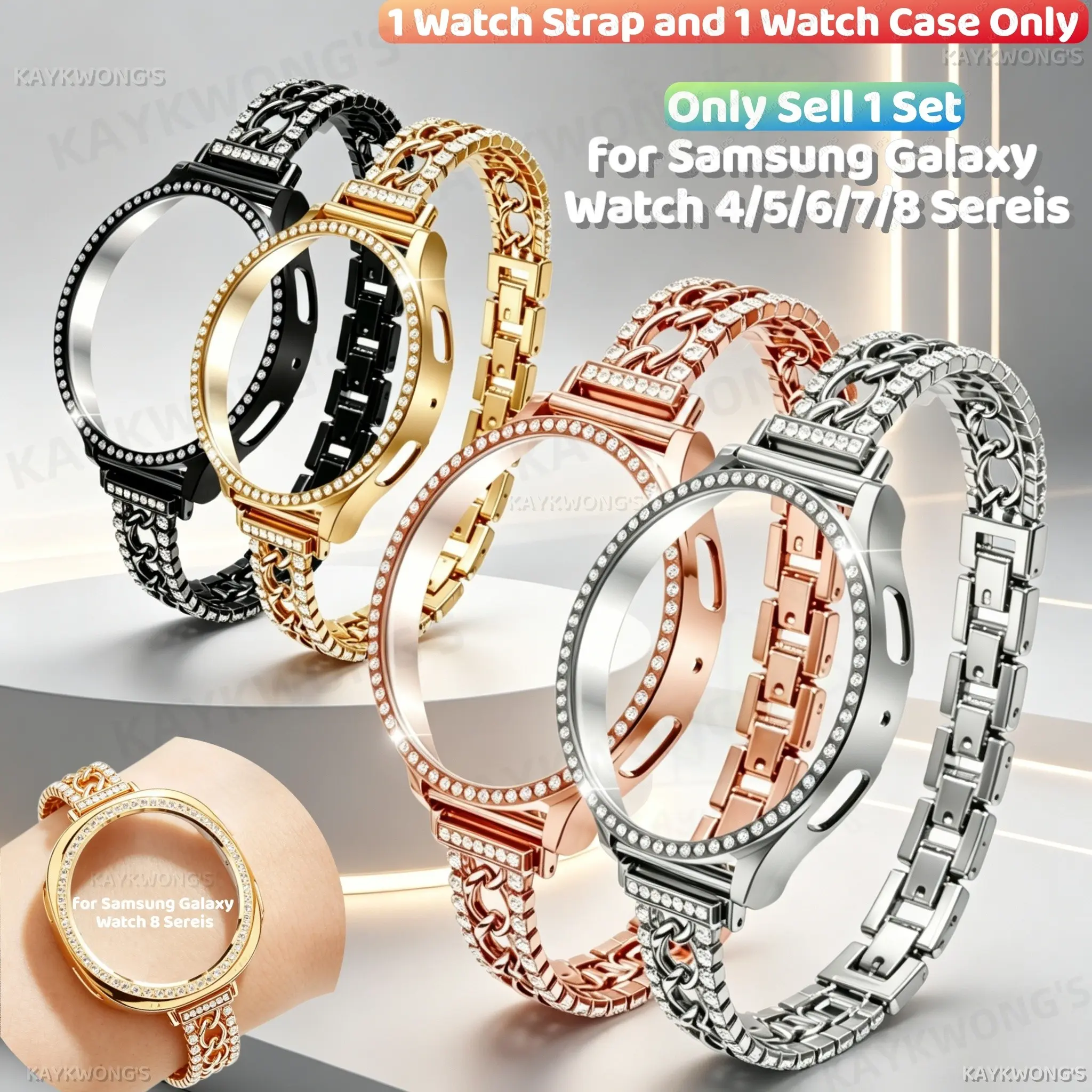 KAYKWONG'S Fashion Rhinestone Chain Design Watch Strap and Water Drill Rhinestone Case Protector, Smartwatch Accessories, fit for Samsung Galaxy Watch 4/5/6/7/8, Compatible with Size 40mm & 44mm