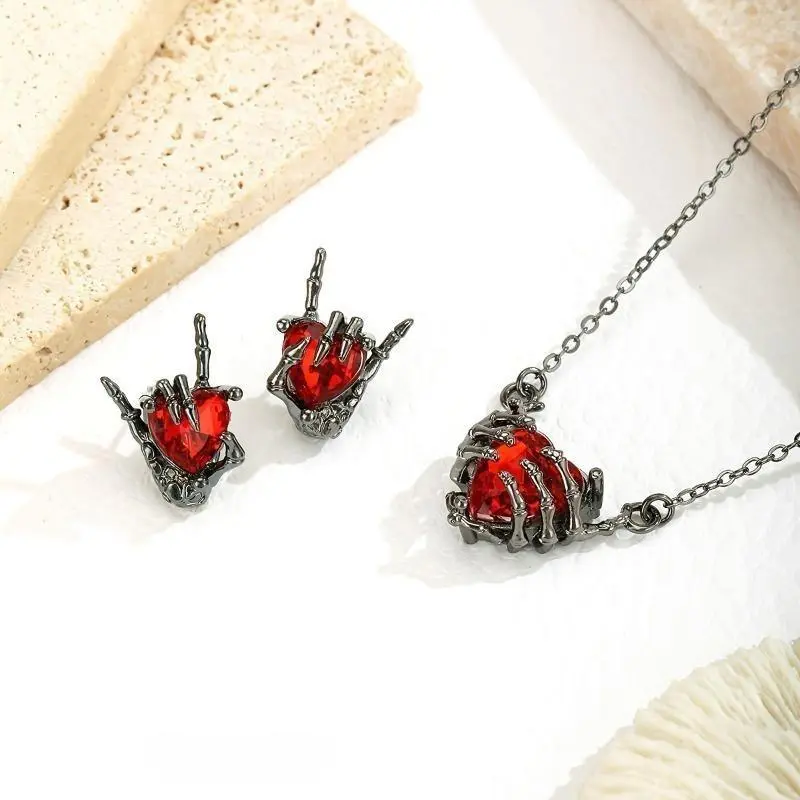Gothic Necklace and Earrings Set, Female Dark Aesthetic Punk Accessory with a Skeleton Hand Design and Pendant Chain for Halloween, Studs, Heart, Jewelry Set, Costume Jewelry Set
