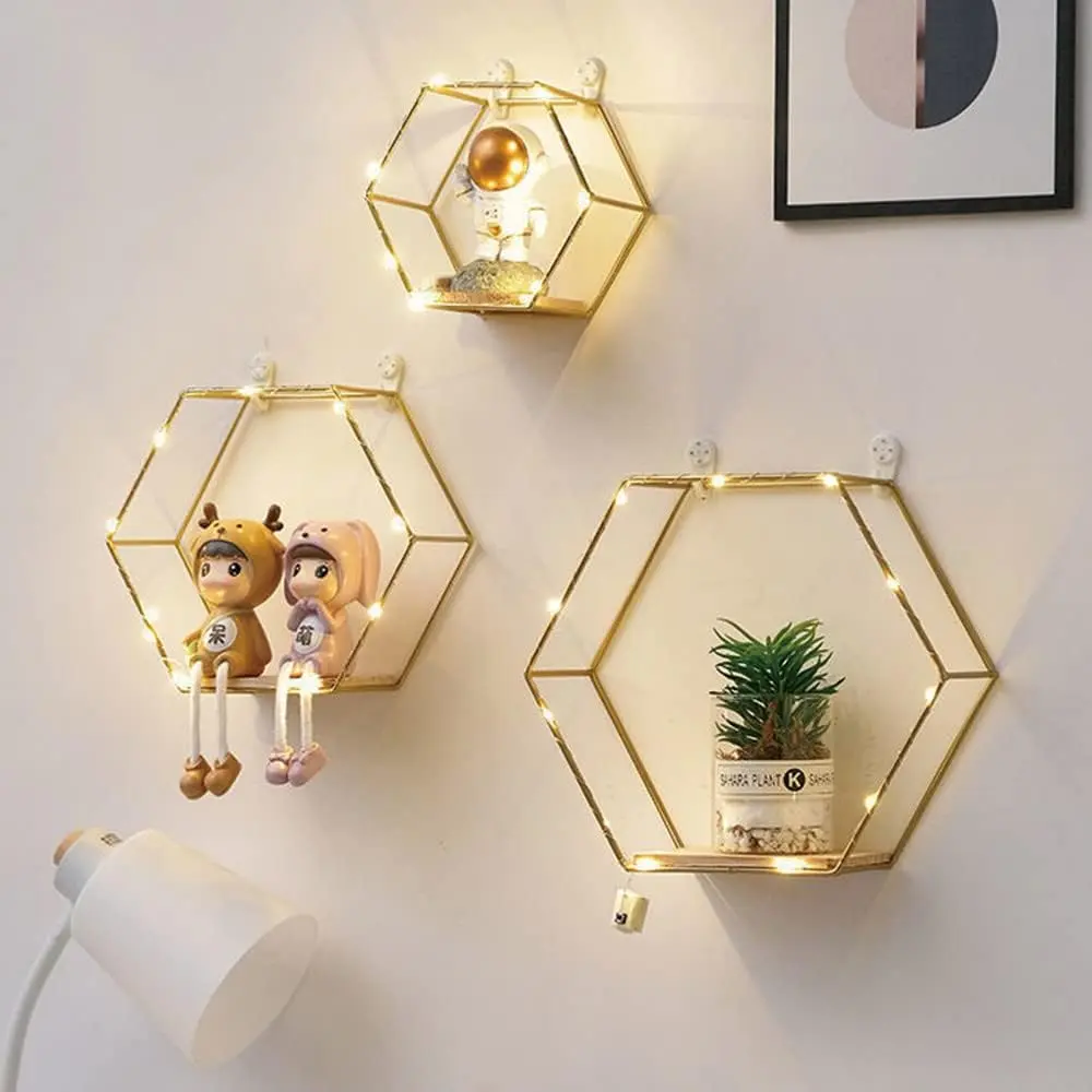 Liywall Geometric Hexagon Floating Shelves - Gold Metal Wire & Wood Wall-Mounted Storage Shelves with LED Lights, Set of 3 for Bedroom, Living Room Home Decor