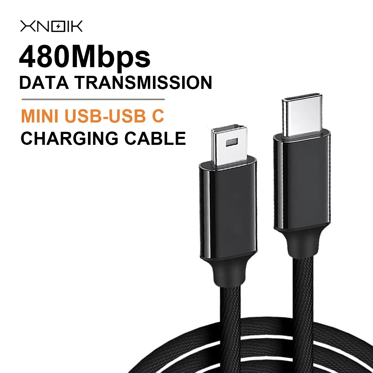 Type-C to Mini USB Data Cable, 44.5cm Braided Wire, Supports OTG 480mbps, Ideal for Phone/camera Multi-Device Connection