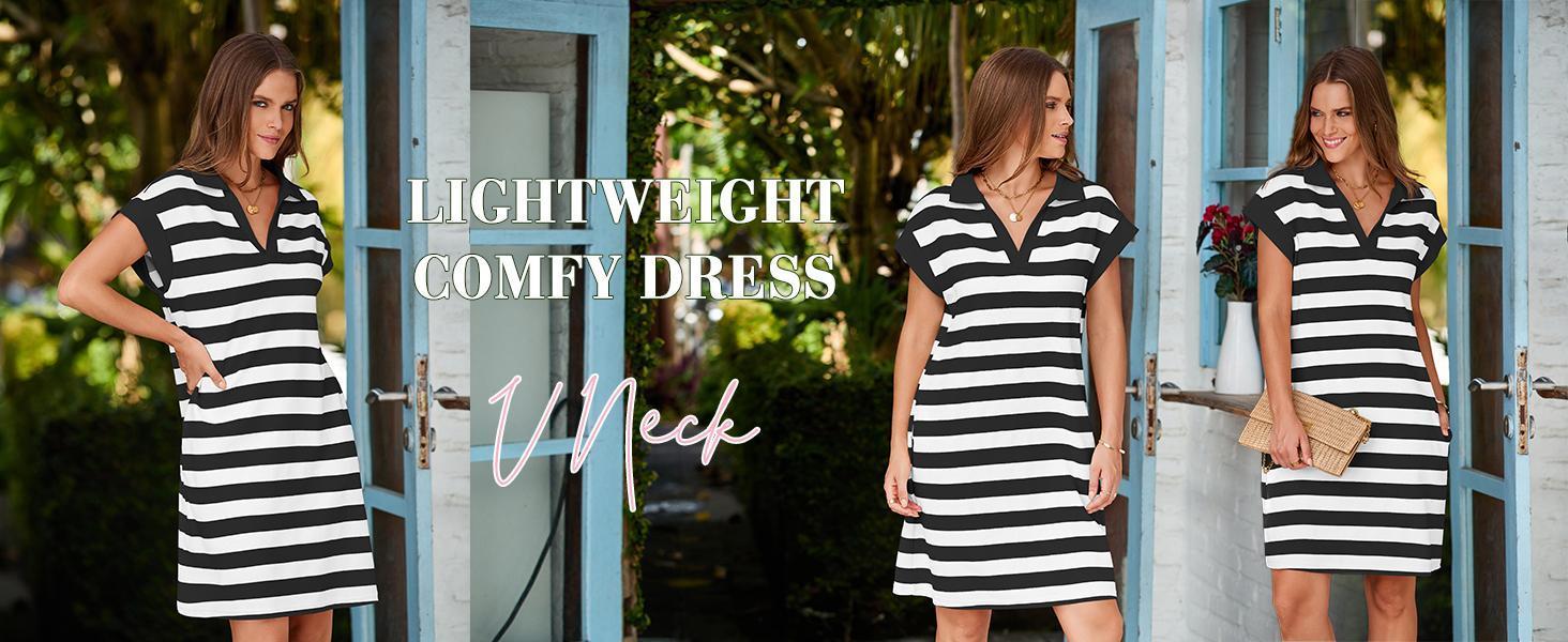 Danedvi Womens Striped Summer Mini Dress Casual Cap Sleeve Polo V Neck T Shirt Dresses with Pockets