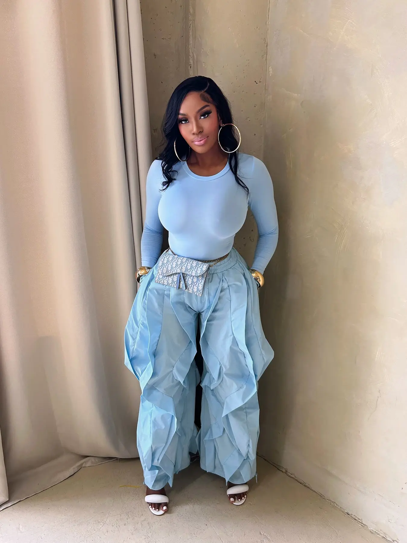 2-Piece Set Tw814 Fashion Chic Women's Bodycon Top and Wide Leg Patchwork Ruffle Pants, Bohemian Boho Style, Loose-Fitting, Fall Winter