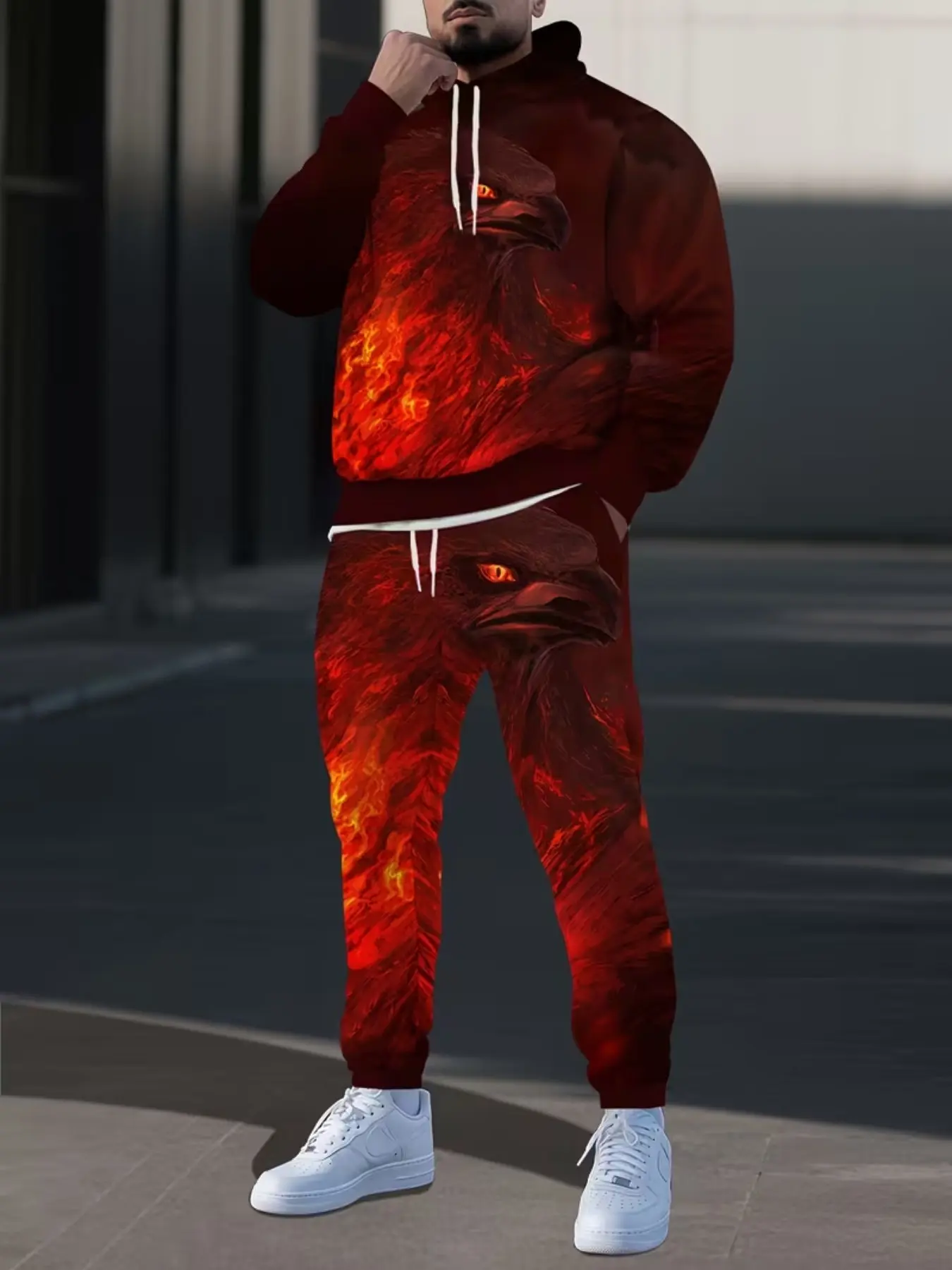 Men's Retro Fire Eagle Digital Print Sports Set, Casual Sportswear Set, Wine Base Drawstring Hooded Casual Long Pants, All Seasons Loose-Fitting