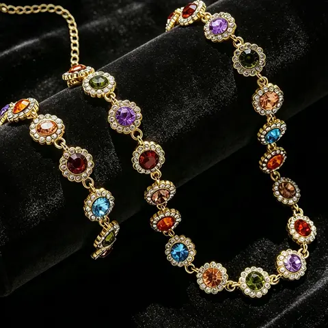 2 Piece Jewelry Set, Elegant Fashion Colorful Rhinestone Necklace And Bracelet Set, Costume Jewelry Set, Women's Daily Wear, Party, Wedding, Birthday Gift, Prom Jewelry Set