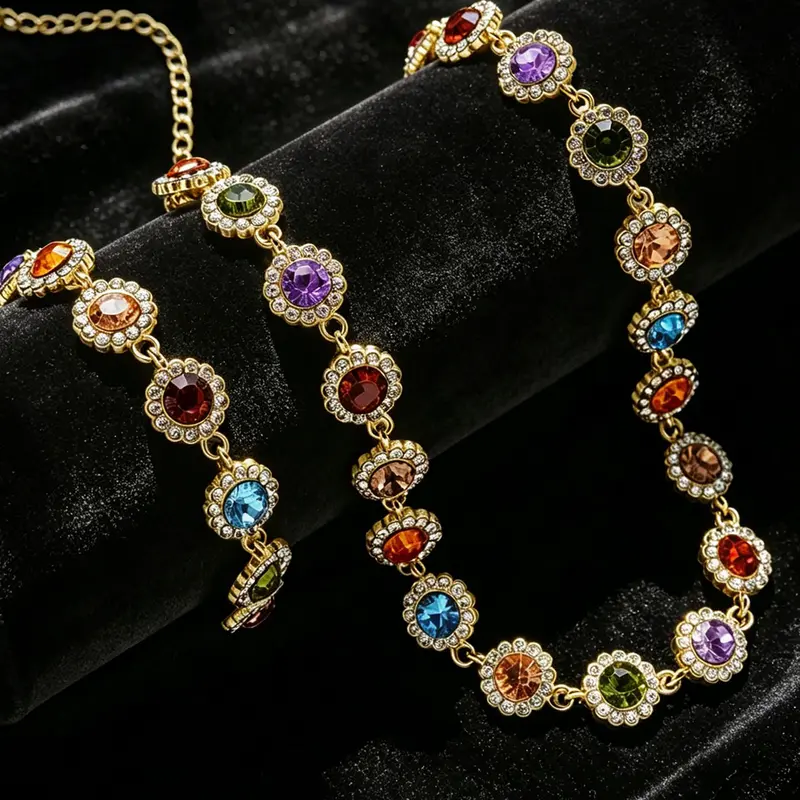 2 Piece Jewelry Set, Elegant Fashion Colorful Rhinestone Necklace And Bracelet Set, Costume Jewelry Set, Women's Daily Wear, Party, Wedding, Birthday Gift, Prom Jewelry Set