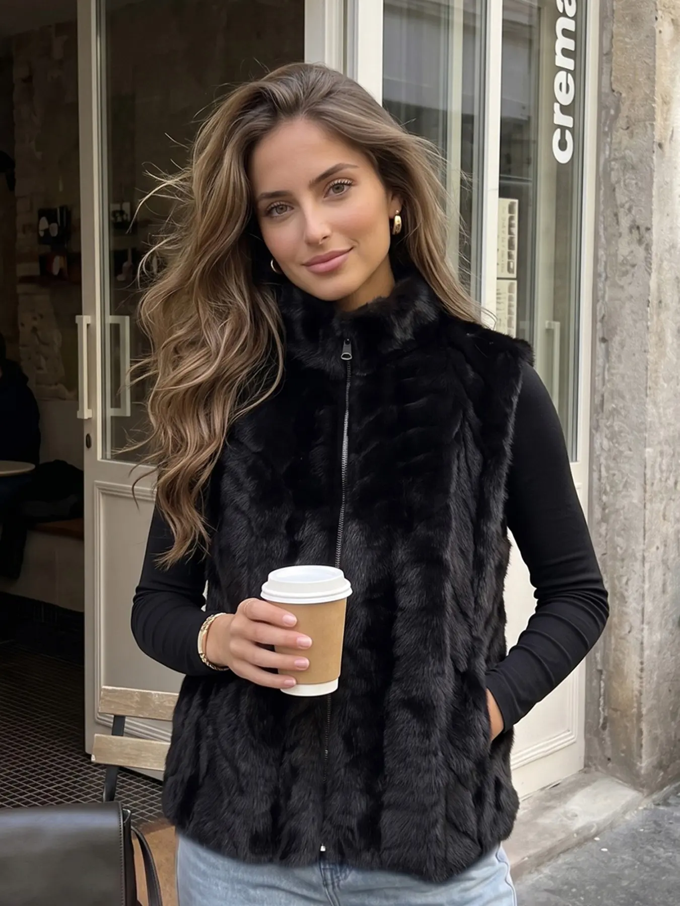 2026 New Fake Fur Eco-Friendly Wool Vest Gilet, Elegant Slimming Versatile High Collar High Neck Outerwear, Fashionable Capelet Jacket