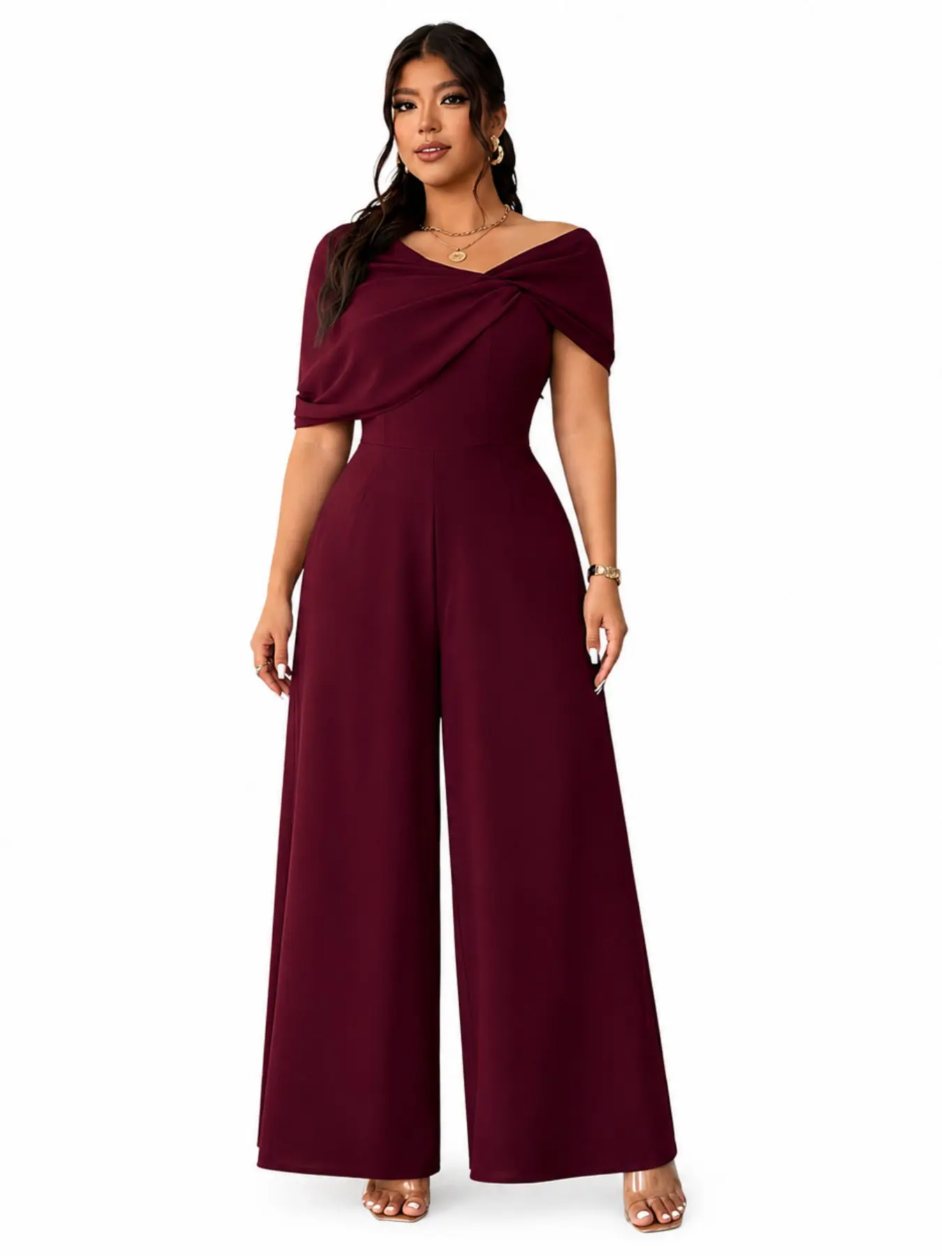 Women’s Plus Size Draped Off The Shoulder Backless Wide Leg Jumpsuit, Twist Front Formal Palazzo Pants for Wedding Guest Evening Banquet