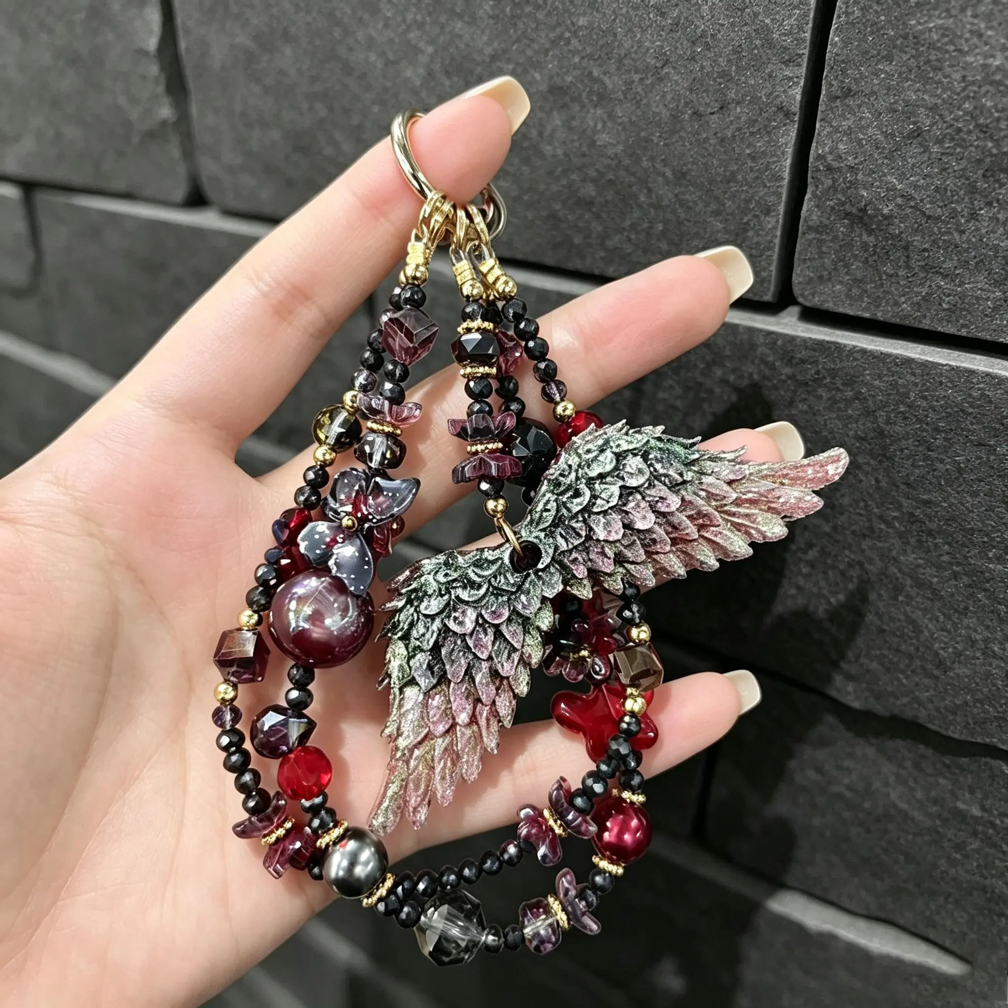 Y2K Aesthetic Sweet Goth Gradient Glitter Angel Wing Beaded Phone Charm Handmade Crystal Pearl Keychain Multi Color White Pink Blue Purple Burgundy Vintage Fairy Accessory For All Smartphones