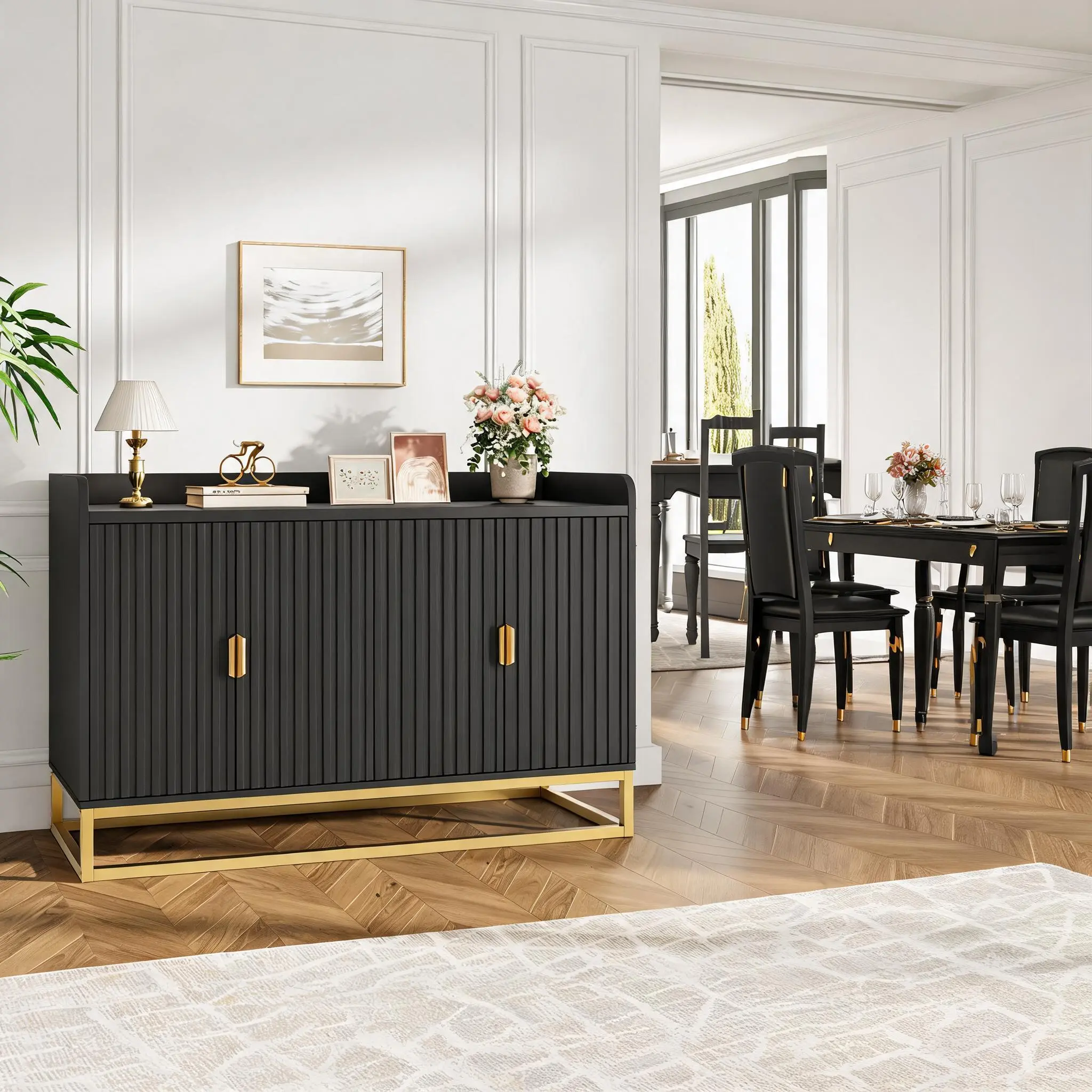 Modern Fluted Sideboard Buffet Cabinet – 47.2" Wooden Storage Accent Cabinet with Adjustable Shelves and Doors for Dining Room, Kitchen, Living Room, Entryway