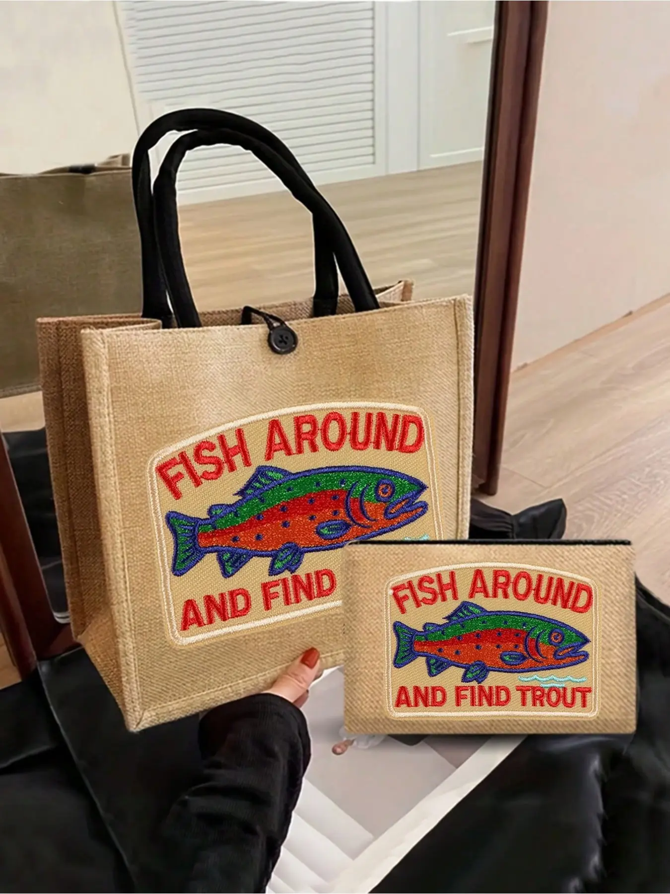 Vintage Pop Art Sardine Print Linen Shoulder Bag Set, Large Capacity, Foldable, Perfect for Shopping, Beach, Summer Vacation, Gift Idea
