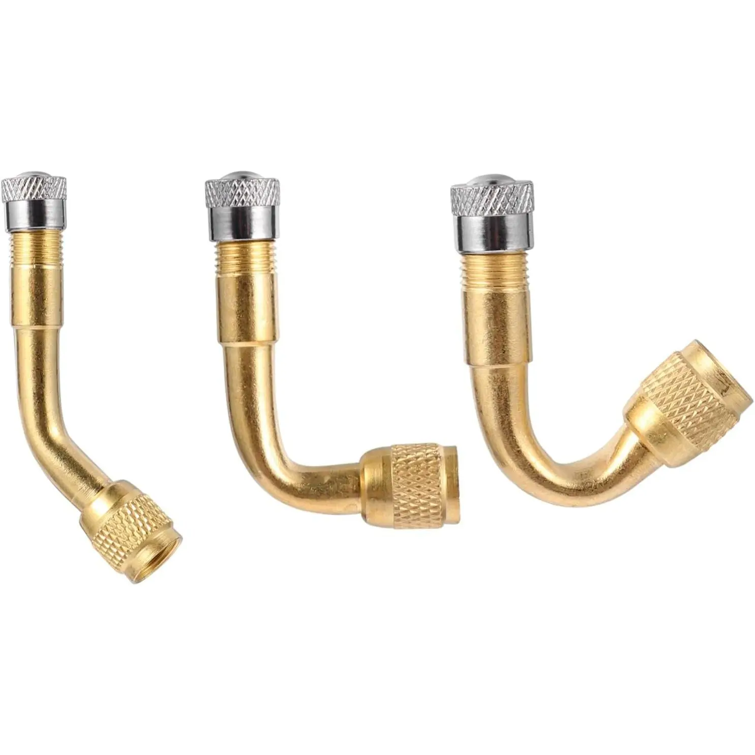 3 PCS Brass Valve Stem Extenders in Gold Finish, 45° 90° 135° Angled Universal Extension Rods, Leakproof Air Nozzle Adapter with Simple Installation, Suitable for Bicycles, Motorcycles, Trailers and Ordinary Automobile Double Wheel Maintenance