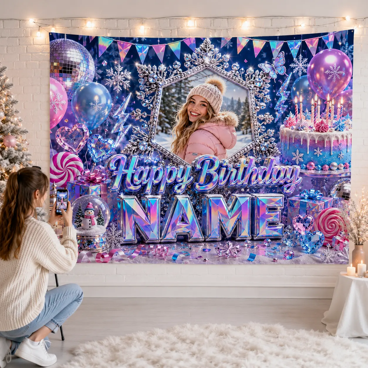 Personalized Winter Birthday Backdrop with Photo and Name, Snowflakes, Balloons, Cake, Candy and Crystal Party Decor